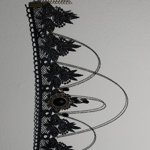 Black Lace, Fine chains, black tear drops Choker Necklace - Picture 2 of 5